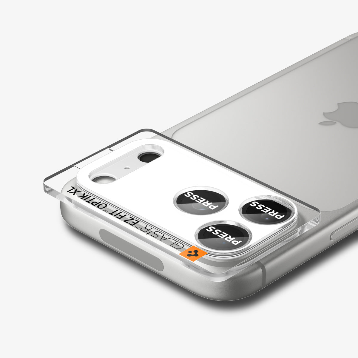 AGL10647 - iPhone 17 Pro Optik Pro XL EZ Fit Lens Protector in silver showing the back, partial side and top with lens screen protector tray attached