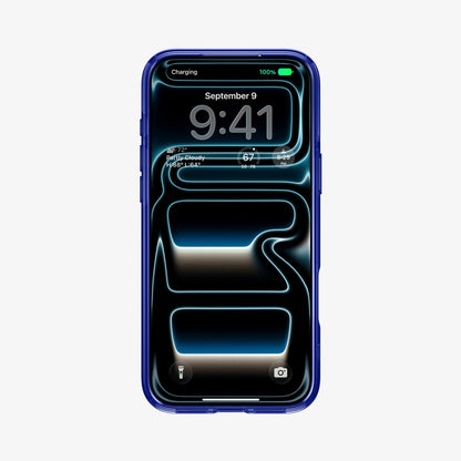 ACS12203 - Front view of an iPhone in the Spigen C11 Velocity case, showing the lock screen with time, weather, and battery percentage