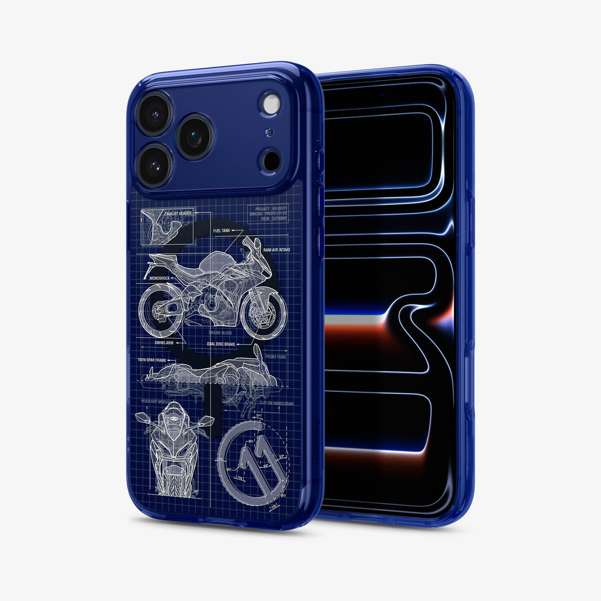 ACS12204 - Front and back view of the Spigen C11 Velocity iPhone case, showing the camera cutout with motorcycle blueprint print on the back and the phone's lock screen on front