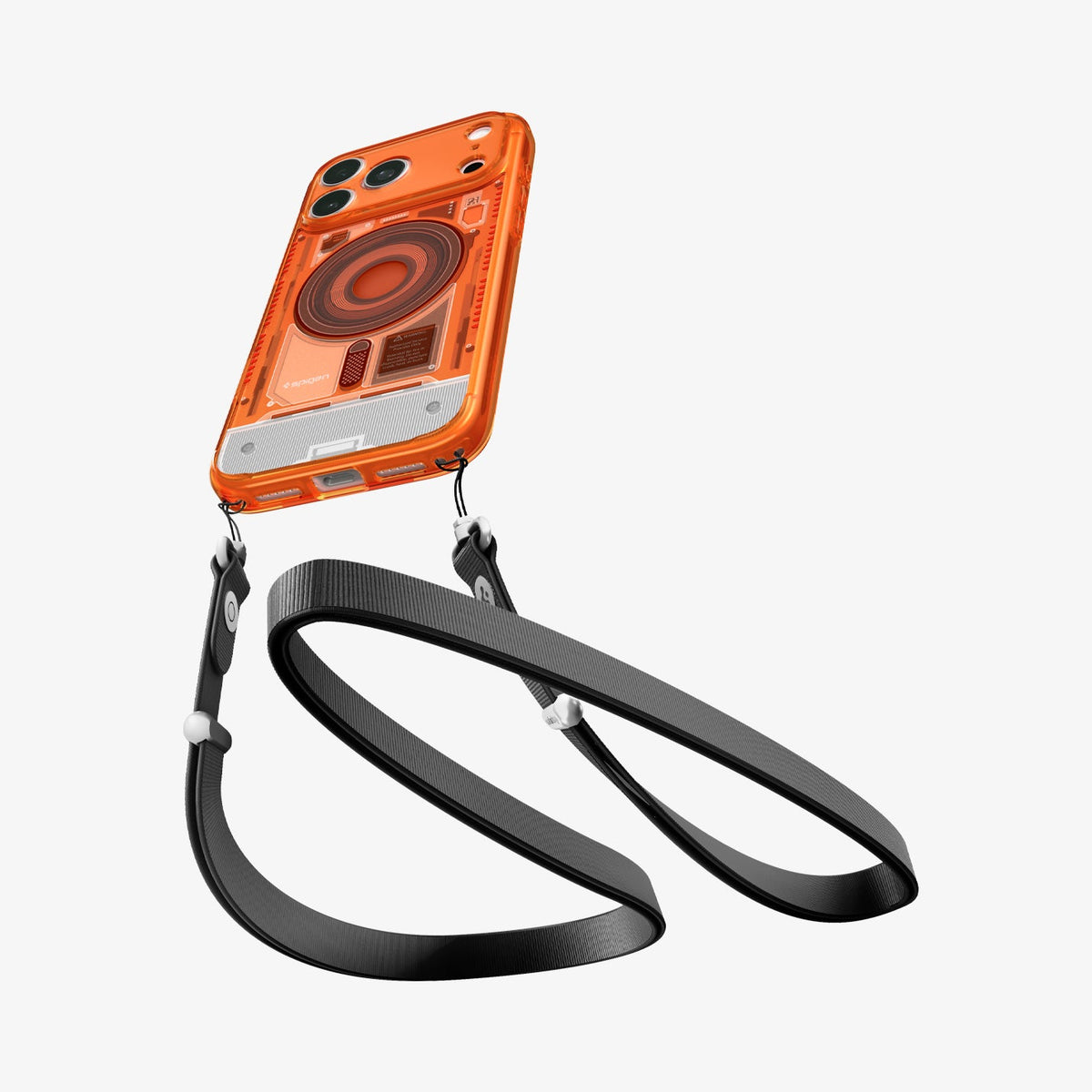 ACS11755 - iPhone 18 Pro Max / iPhone 17 Pro Max Ultra Hybrid C-One (Mag Fit) Tangerine showing the case with a detachable crossbody strap connected through built-in lanyard holes