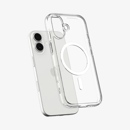 ACS10082 - iPhone 17 Ultra Hybrid (MagFit) in Clear White showing the front of layer hovering above the magfit magnet plate and the case