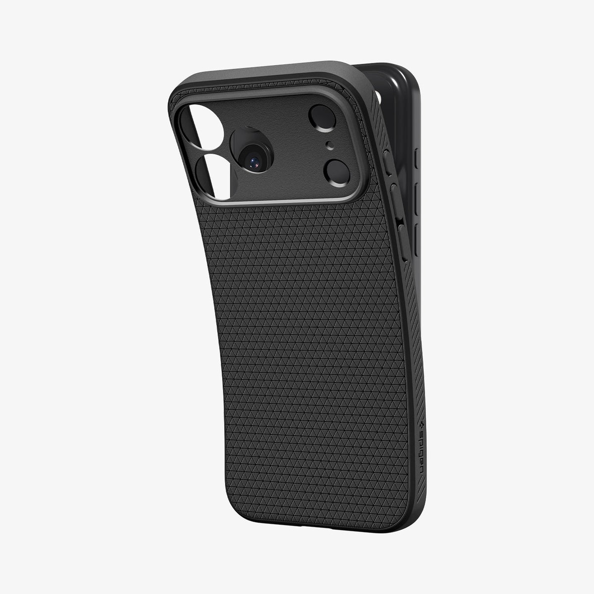 ACS09888 - iPhone 17 Pro Max Liquid Air in Matte Black showing the back, partially peeled off from the device