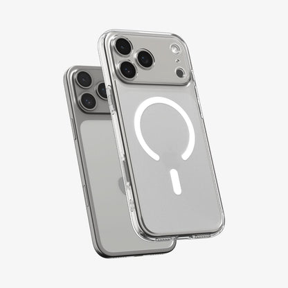 ACS10039 - iPhone 17 Pro Max Ultra Hybrid (MagFit) in Frost White showing the front of layer hovering above the magfit magnet plate and the case