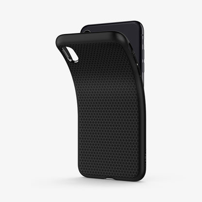 065CS25126 - iPhone XS Max Case Liquid Air in Matte Black showing the back of soft tpu back case partially peeled from behind a device