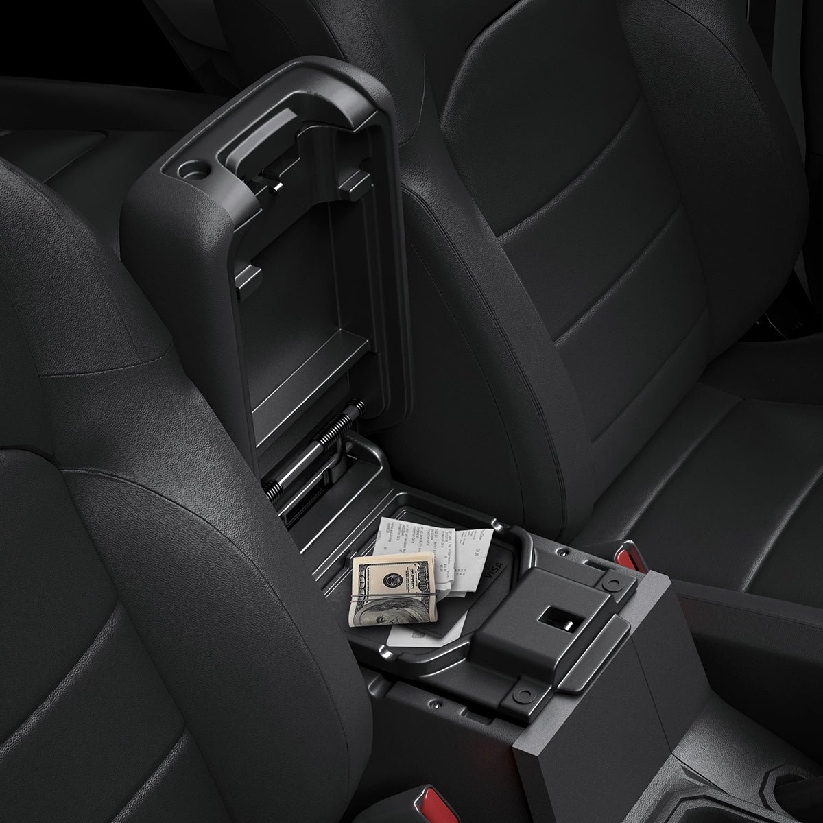 ACP09216 - Jeep Series - Center Console Hidden Storage Box | JO221 showing inside with products.