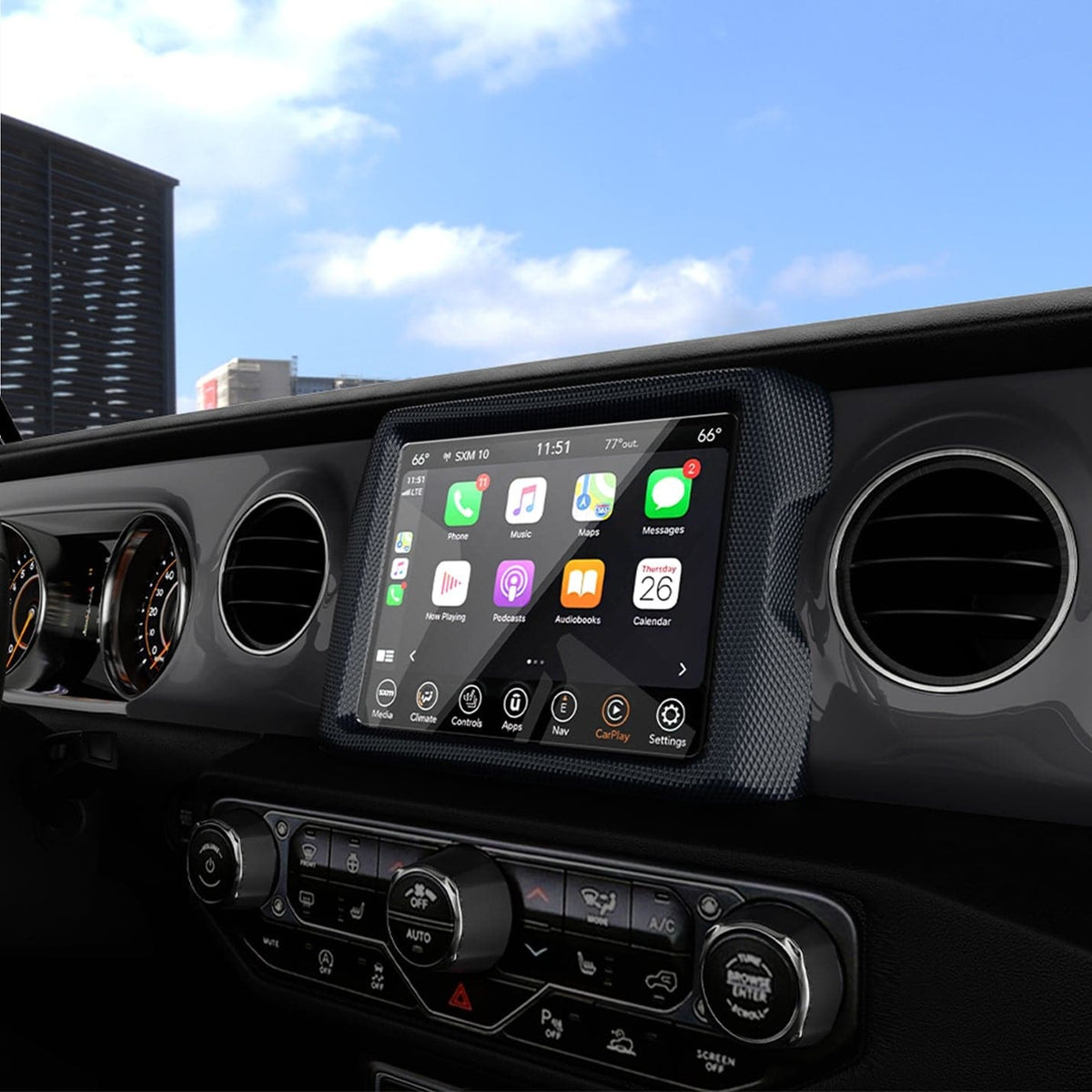 AGL04059 - Jeep Wrangler Screen Protector GLAS.tR SLIM Anti-Glare showing the passenger side view inside of car