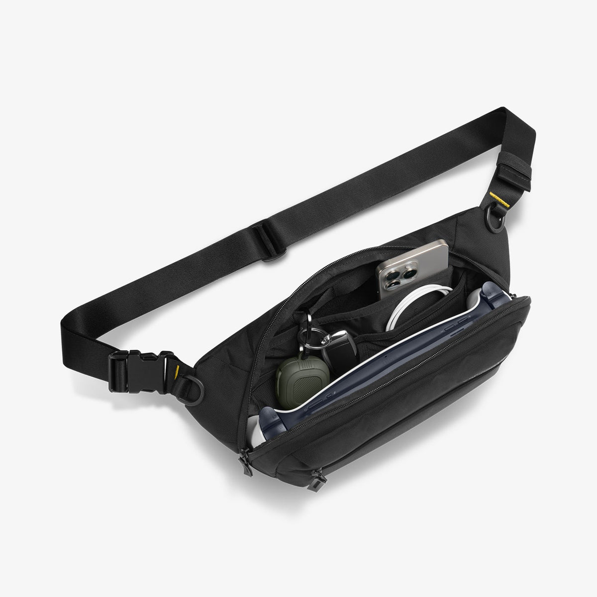 AFA07482 - Sling Bag KD410 in Black showing the partial front, sides and partial inner with strap