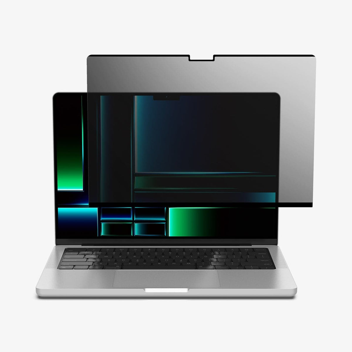 AFL06158 - Macbook Pro 14" Screen Protector Safe View showing the front with screen protector hovering in front of laptop