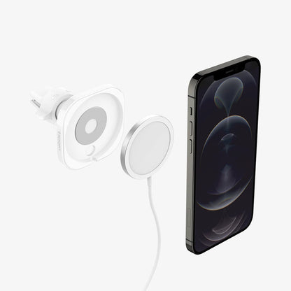 ACP03163 - MagFit Car Mount (MagFit) in white showing a device, magsafe charger and mount