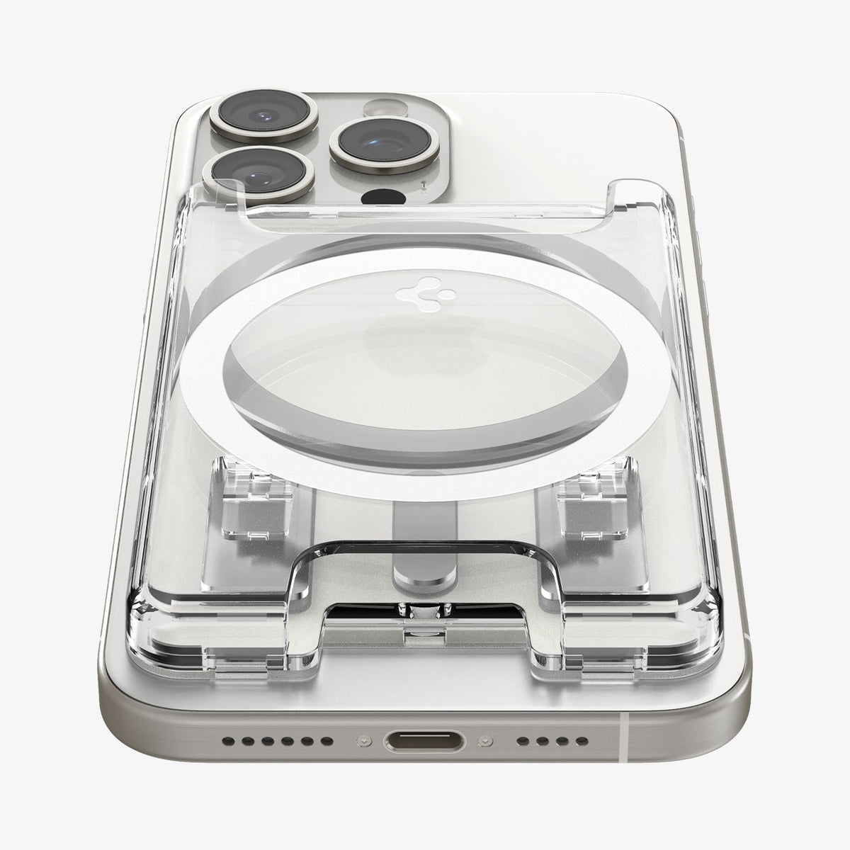 AFA08888 - Ultra Hybrid MagFit+ Wallet (MagFit) in Crystal Clear showing the front, partial bottom of the wallet case attached to the back of the device