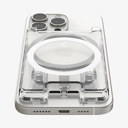 AFA08888 - Ultra Hybrid MagFit+ Wallet (MagFit) in Crystal Clear showing the front, partial bottom of the wallet case attached to the back of the device