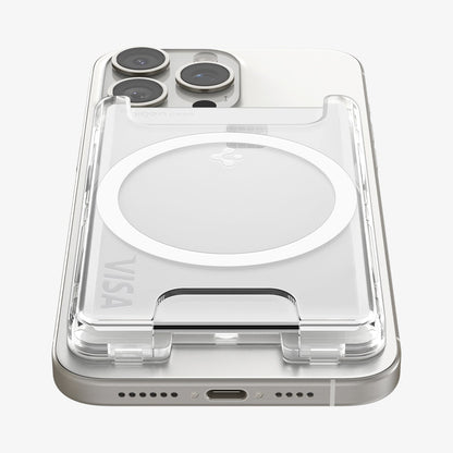 AFA08888 - Ultra Hybrid MagFit+ Wallet (MagFit) in Crystal Clear showing the front, partial bottom of the wallet case attached to the back of the device with card inserted