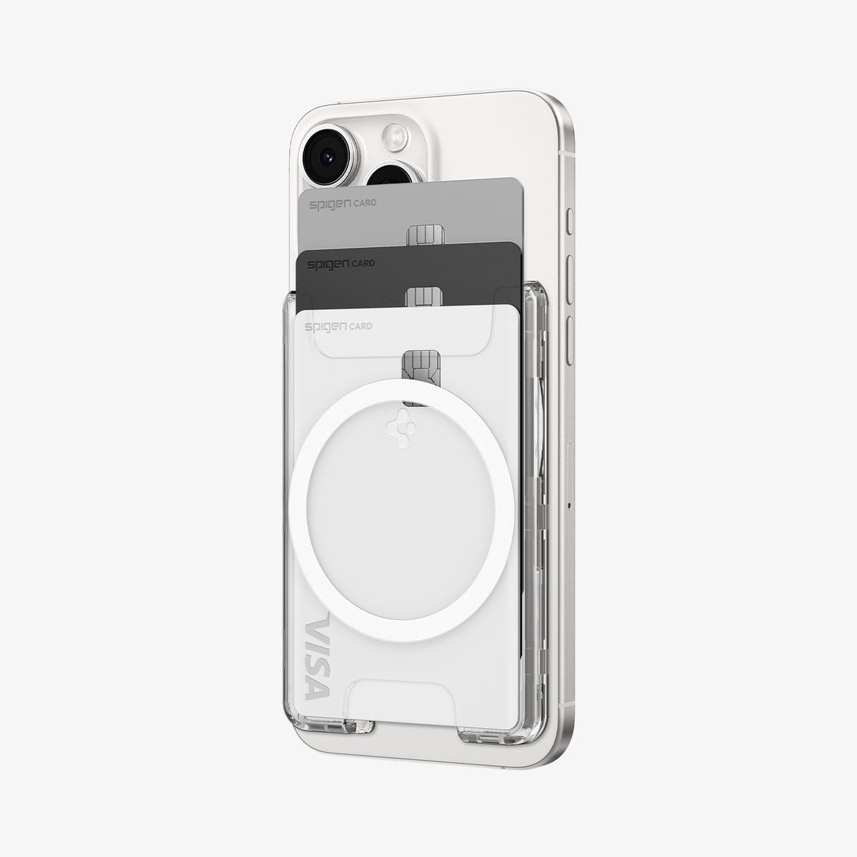 AFA08888 - Ultra Hybrid MagFit+ Wallet (MagFit) in Crystal Clear showing the front of the wallet case, partial side of the device with 3 cards inserted
