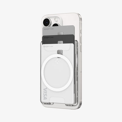 AFA08888 - Ultra Hybrid MagFit+ Wallet (MagFit) in Crystal Clear showing the front of the wallet case, partial side of the device with 3 cards inserted