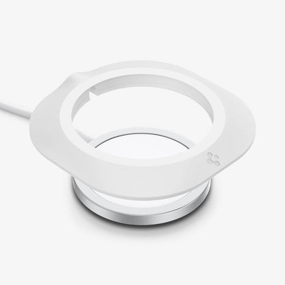 AMP03709 - MagFit in white showing the front and side with station hovering above the magsafe charger