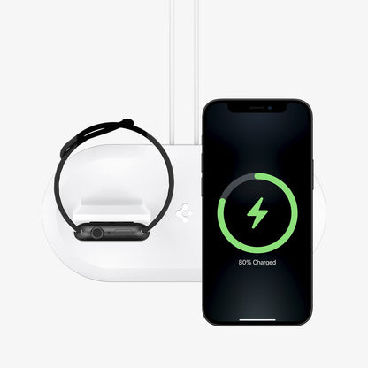AMP02797 - Mag Fit Duo in white showing the top view with iPhone and Apple Watch charging