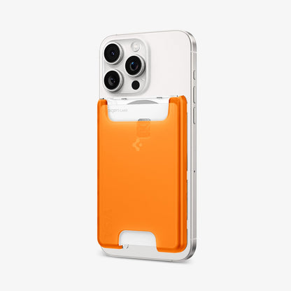 AFA08574 - MagSafe Card Holder Classic C1 (MagFit) in Tangerine showing the front, partial back attached to the back of the device with a card inserted