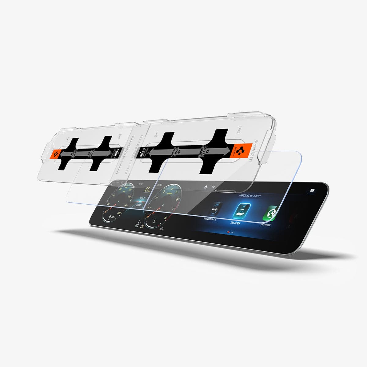 AGL03631 - Mercedes A-Class Screen Protector EZ FIT GLAS.tR showing the ez fit tray and screen protector hovering in front of touch screen display
