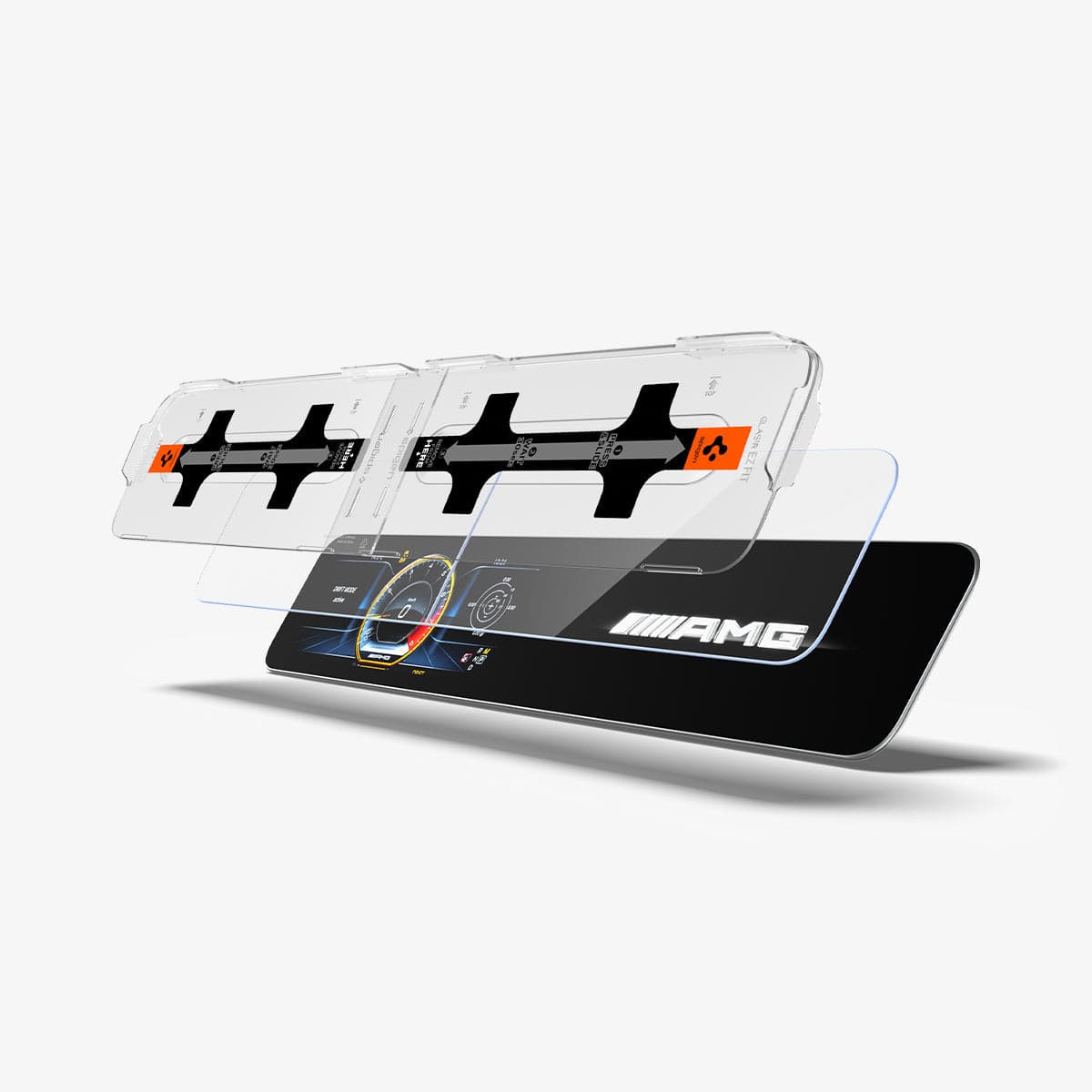 AGL03150 - Mercedes E-Class Screen Protector EZ FIT GLAS.tR showing the ez fit tray and screen protector hovering in front of touch screen display