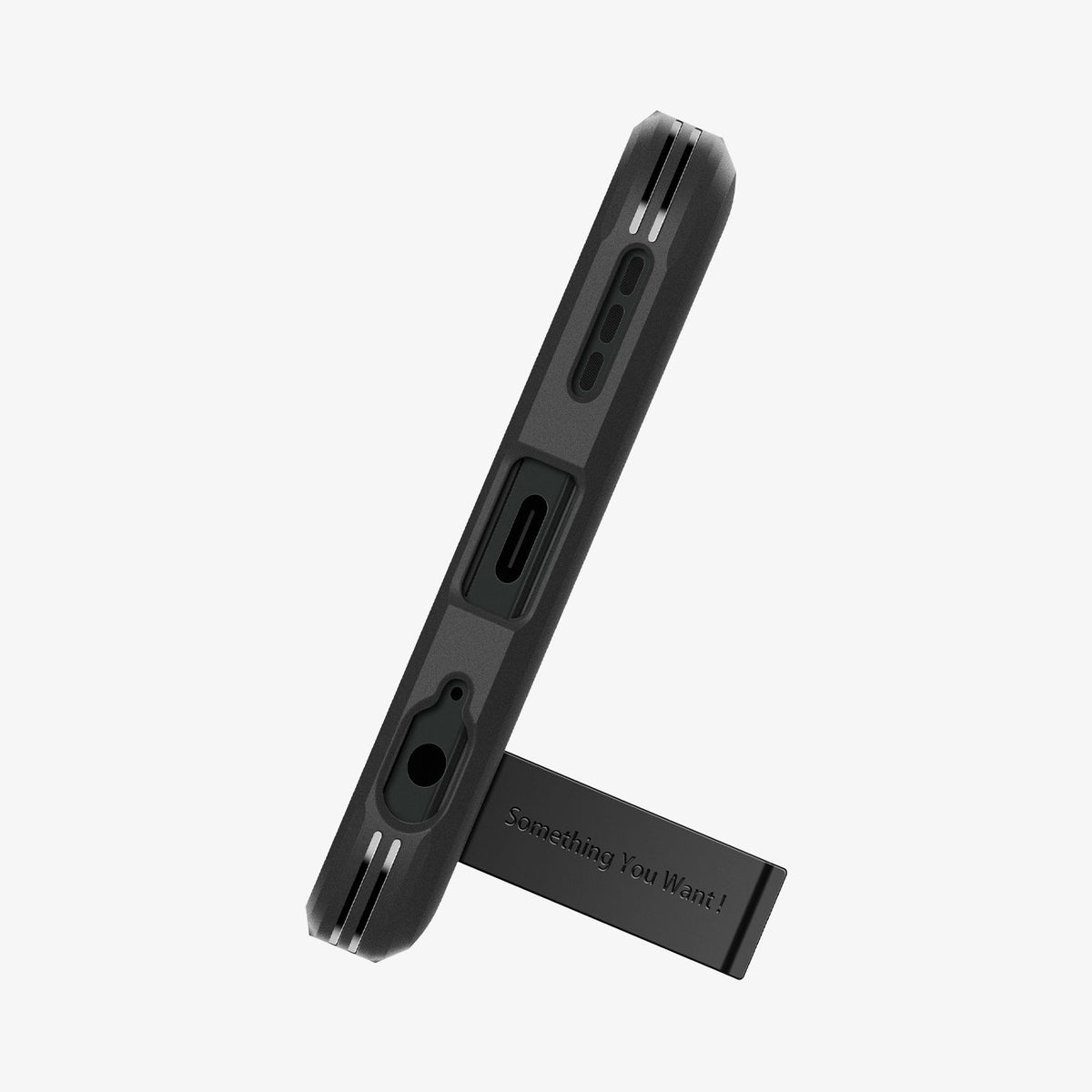 ACS07767 - Moto G 5G (2024) Case Tough Armor in Black showing the bottom zoomed in with a built-in kickstand propped up