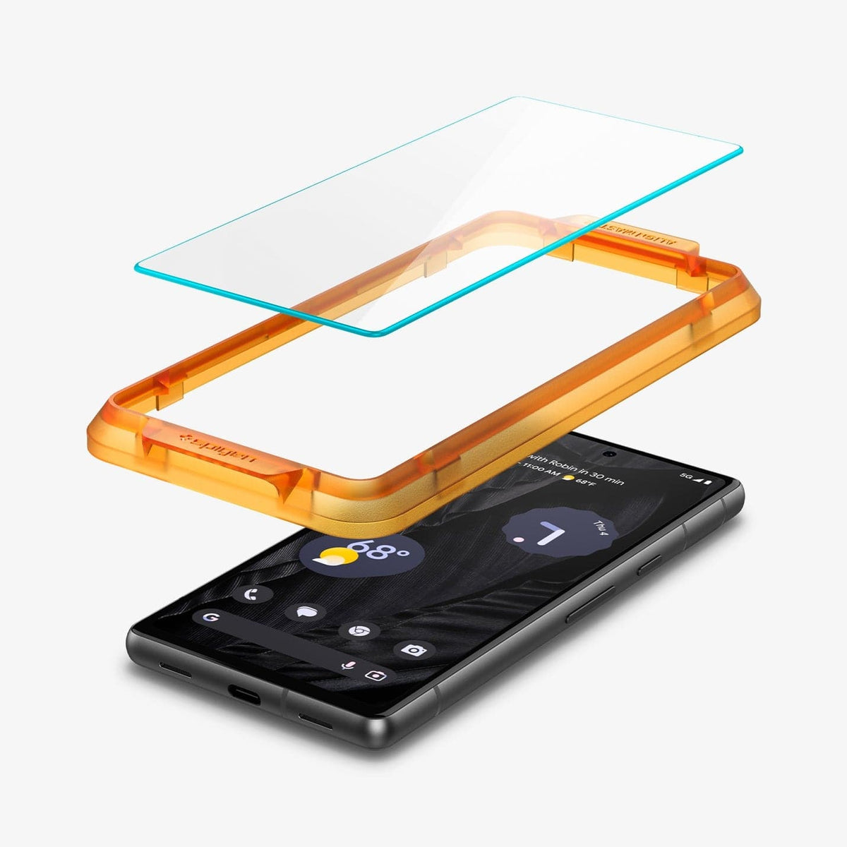 AGL05968 - Pixel 7a Screen Protector AlignMaster GLAS.tR showing the screen protector and alignment tray hovering above the device