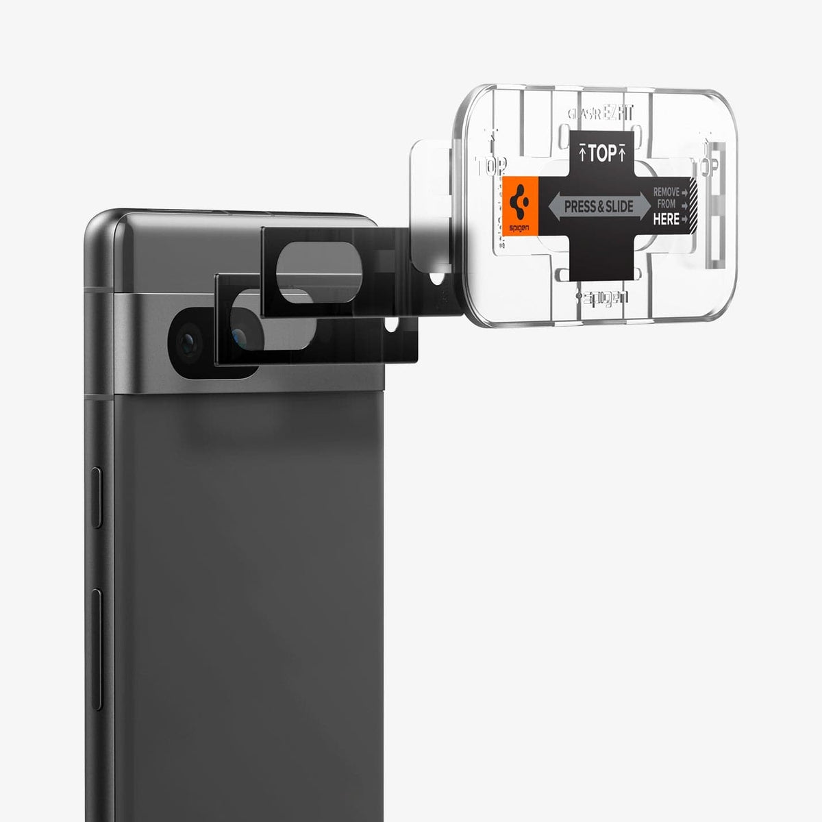 AGL05970 - Pixel 7a Glas.tR EZFit Optik Lens Protector in black showing the device, two optik lens protectors and ez fit tray