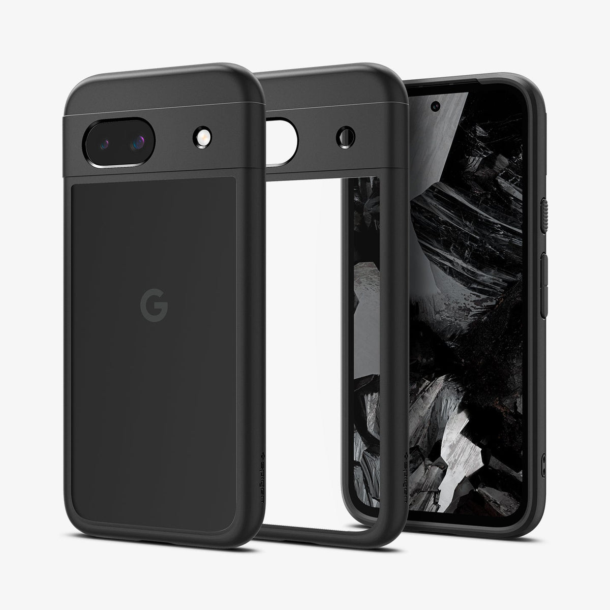 ACS07262 - Pixel 8a Case Ultra Hybrid in Matte Black showing the back, partial side, in the middle a clear case and next to it, a partial front and side