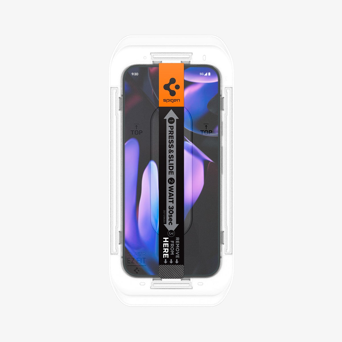 AGL08442 - Pixel 9 Pro GLAS.tR EZ Fit in Clear showing the installation tray attached to a device