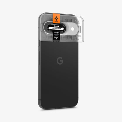 AGL08443 - Pixel 9 Case Optik EZ Fit Lens Protector in Crystal Clear showing the installation tray hovering in front of the lens protector and the device