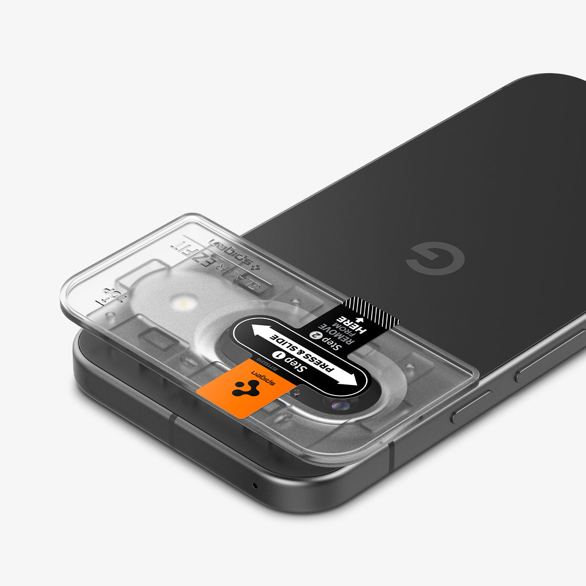 AGL08443 - Pixel 9 Case Optik EZ Fit Lens Protector in Crystal Clear showing the installation tray with lens attached to the device