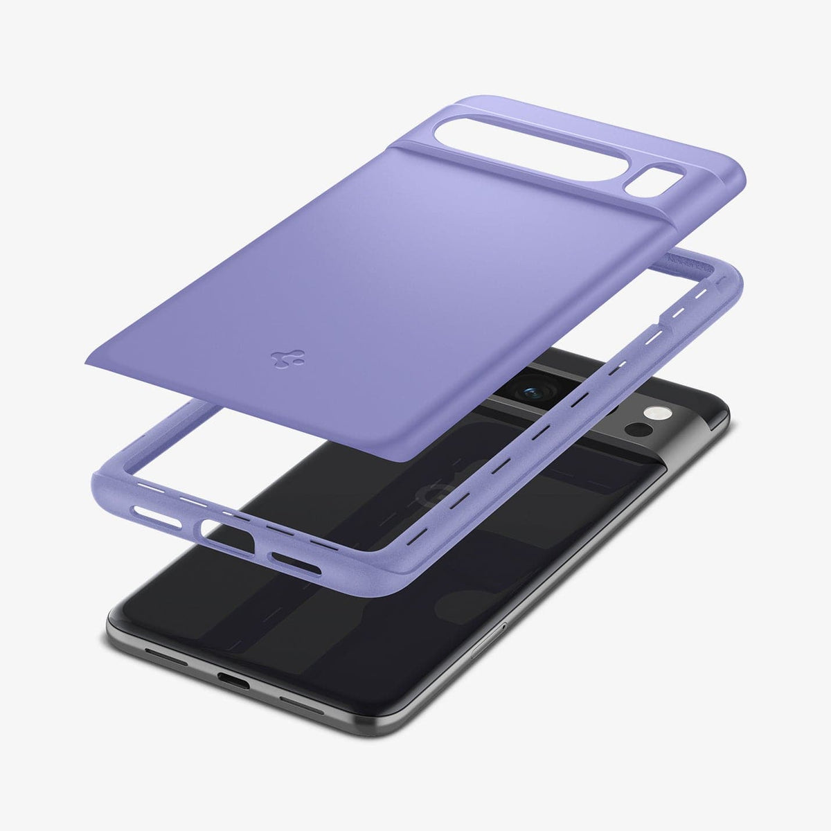 ACS06329 - Pixel 8 Pro Case Thin Fit in awesome violet showing the multiple layers of case hovering above the device