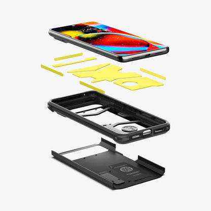 ACS06319 - Pixel 8 Pro Case Tough Armor in black showing the hard pc, soft tpu, impact foam and device