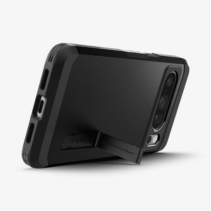 ACS06319 - Pixel 8 Pro Case Tough Armor in black showing the back and bottom with device propped up by built in kickstand