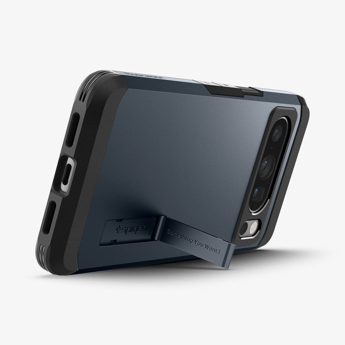 ACS06320 - Pixel 8 Pro Case Tough Armor in metal slate showing the back and bottom with device propped up by built in kickstand