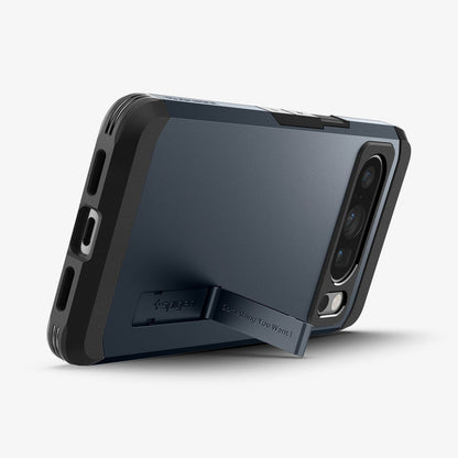 ACS06320 - Pixel 8 Pro Case Tough Armor in metal slate showing the back and bottom with device propped up by built in kickstand
