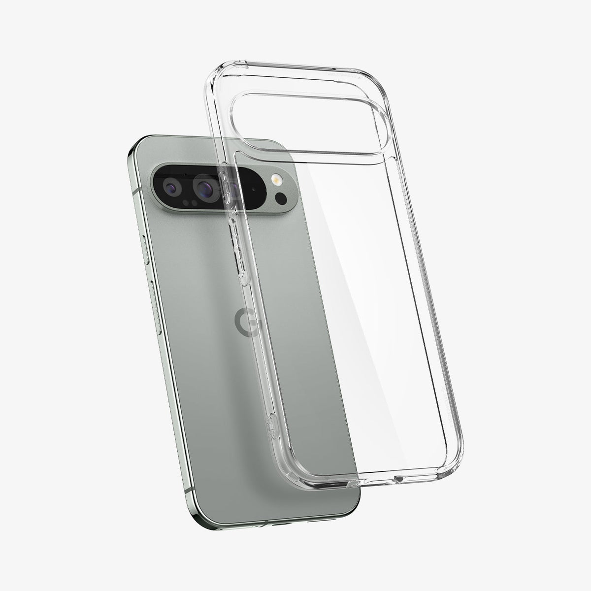 ACS07721 - Pixel 9 Pro XL Case Ultra Hybrid in Crystal Clear showing the back, partial side hovering in front of the device