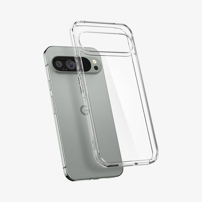 ACS07721 - Pixel 9 Pro XL Case Ultra Hybrid in Crystal Clear showing the back, partial side hovering in front of the device