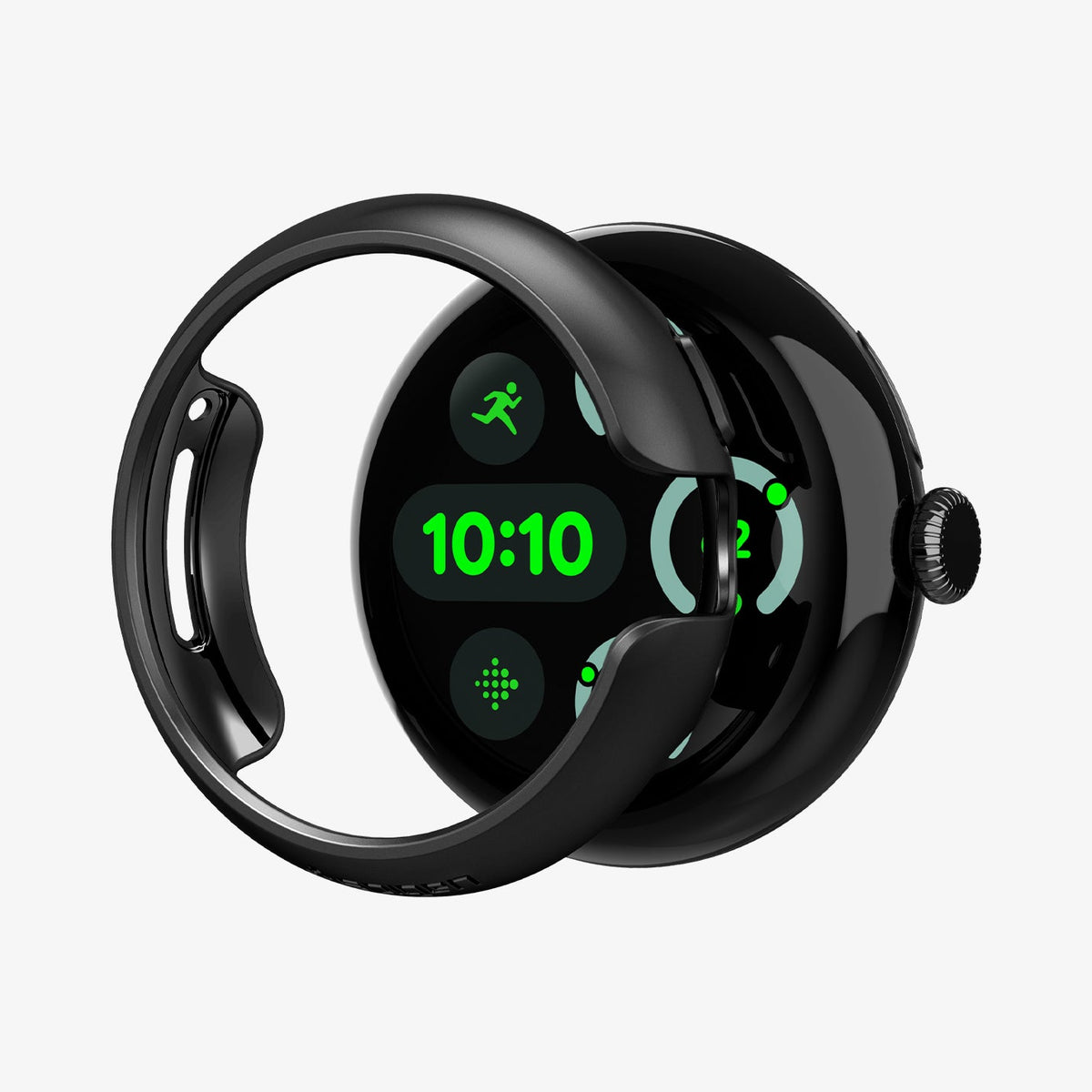 ACS07392 - Pixel Watch 3 (41mm) Case Thin Fit in Black showing the front of the watch case hovering in front of the face watch