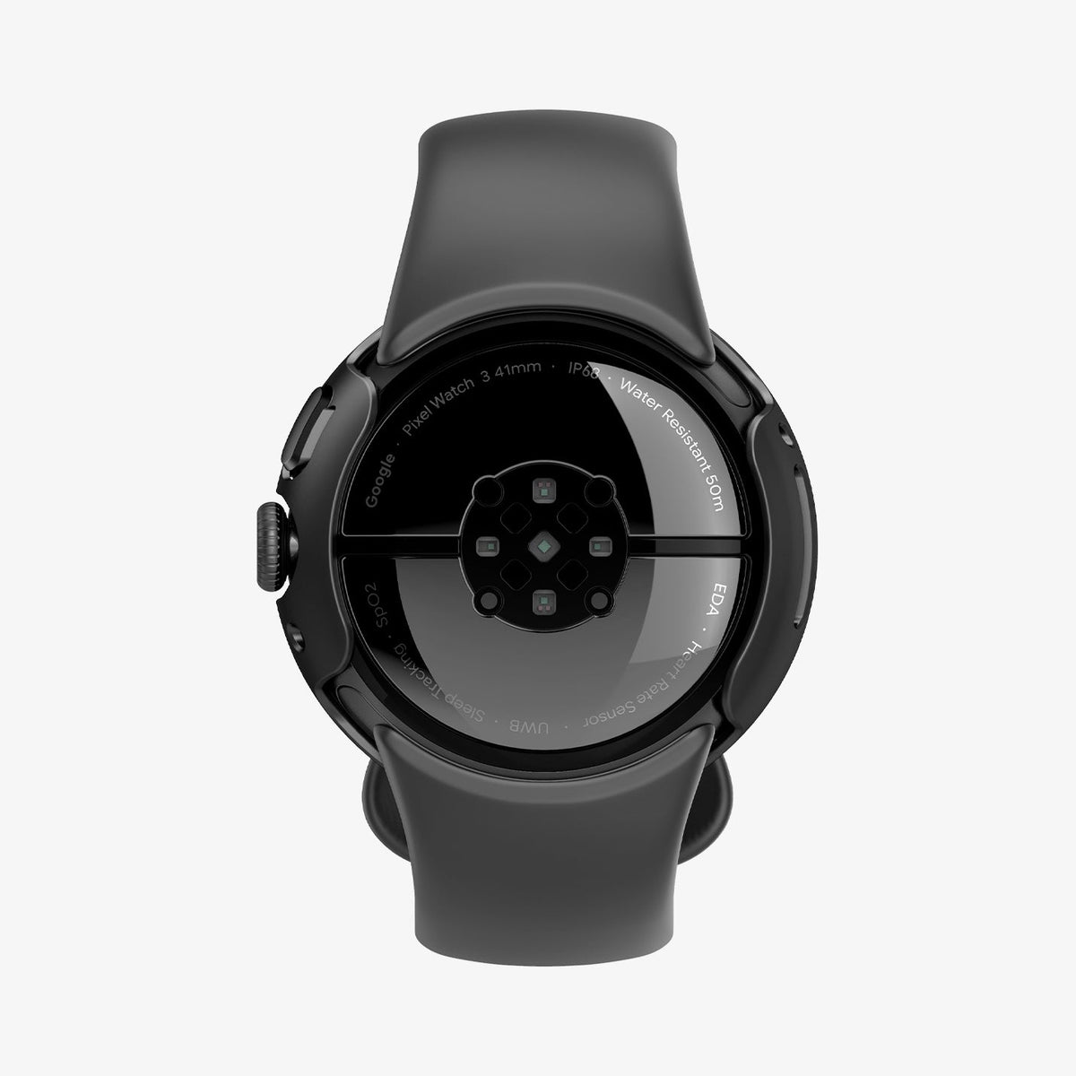 ACS07392 - Pixel Watch 3 (41mm) Case Thin Fit in Black showing the back of the watch face and inner sides of the band