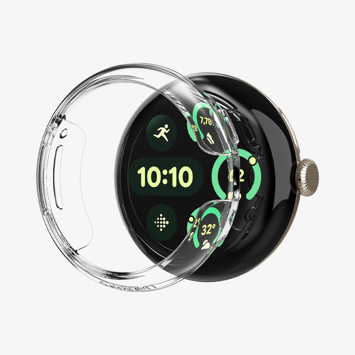ACS07391 - Pixel Watch 2 Case Thin Fit in Crystal Clear showing the front of the watch case hovering in front of the face watch