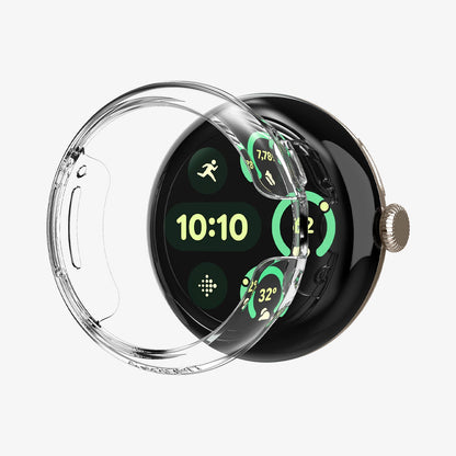 ACS07391 - Pixel Watch 2 Case Thin Fit in Crystal Clear showing the front of the watch case hovering in front of the face watch