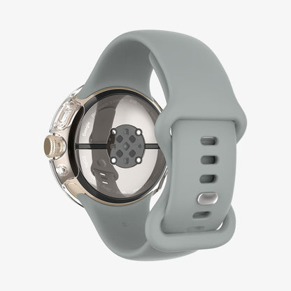 ACS07391 - Pixel Watch 2 Case Thin Fit in Crystal Clear showing the back, partial side installed on a watch