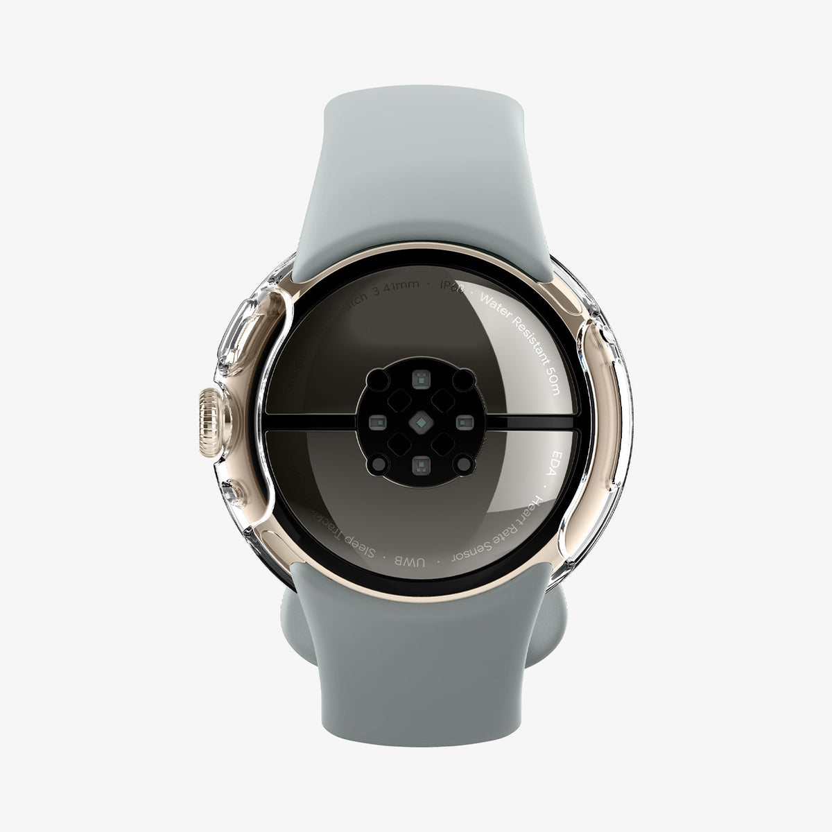 ACS07391 - Pixel Watch 2 Case Thin Fit in Crystal Clear showing the back of the watch face and inner sides of the band