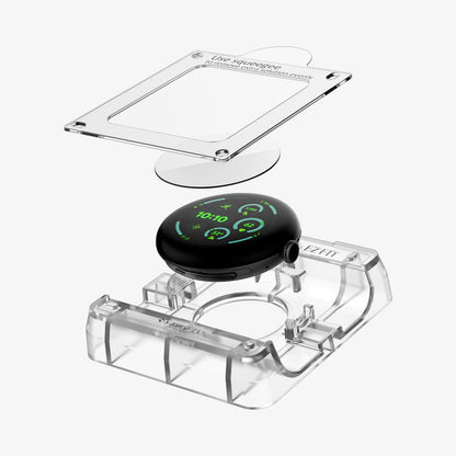 AFL08525 - Pixel Watch 3 (45mm) EliteShield EZ Fit in Clear showing the installation tray hovering above the screen protector and the face watch and bottom of installation tray, beside it, is the packaging