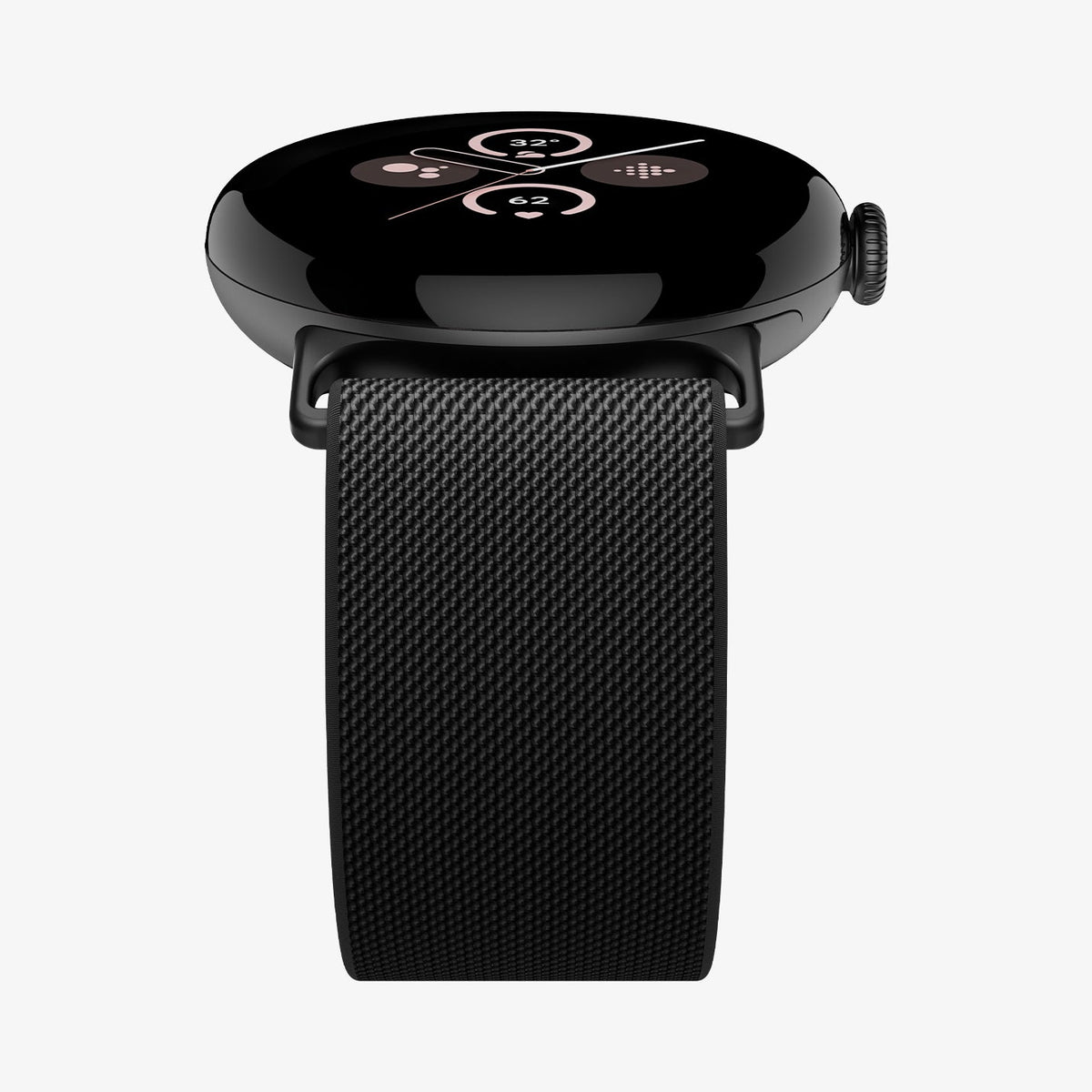 AMP07601 - Pixel Watch 4 (45mm) Lite Fit Watch Band in black showing the bottom and partial front