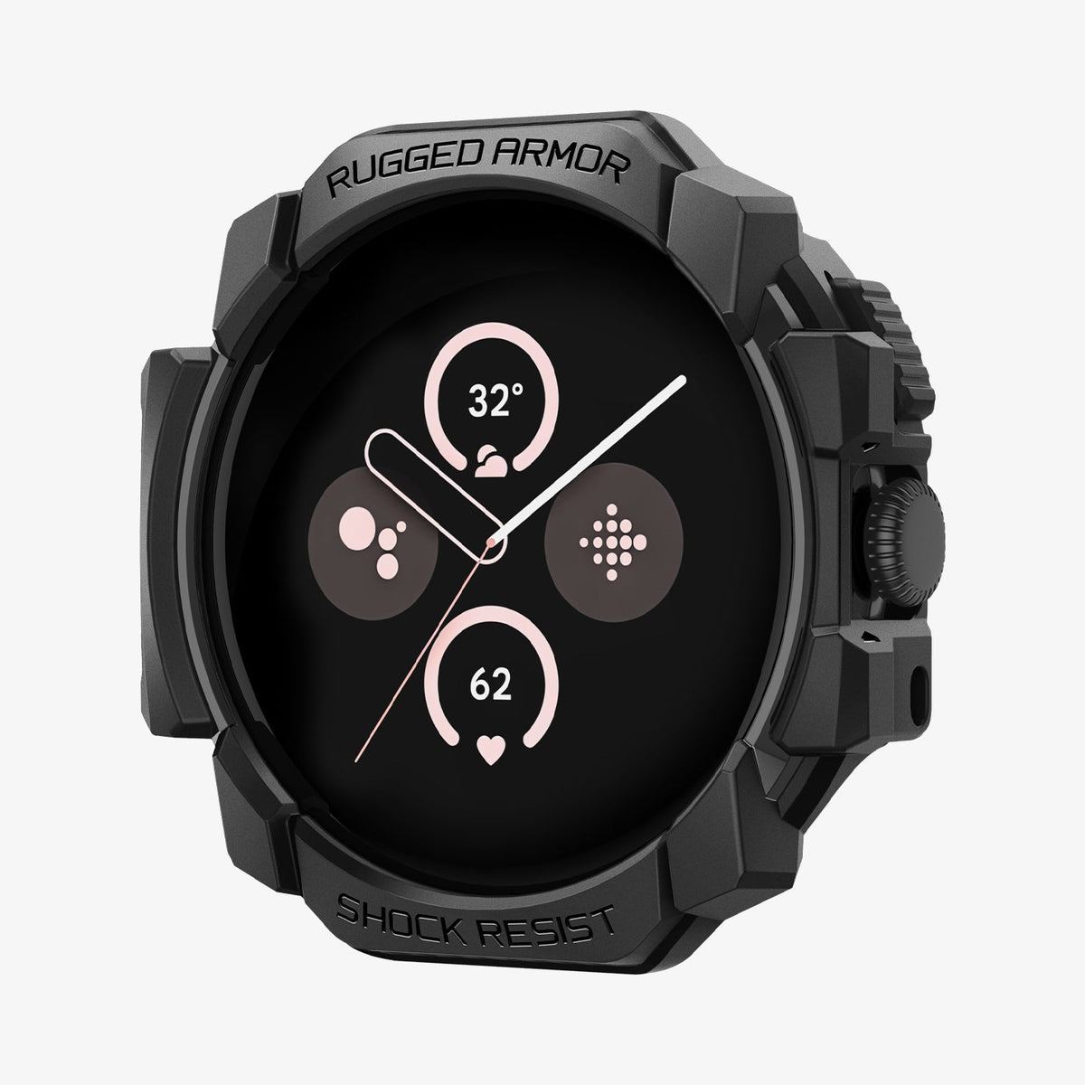 ACS07597 - Pixel Watch 3 (45mm) Rugged Armor in Matte Black showing the front of pixel watch head with the case on