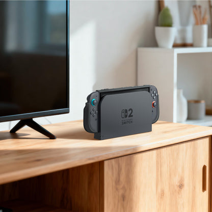 ACS10167 - Nintendo Switch 2 Ultra Hybrid case docked on wooden TV stand in a living room setup