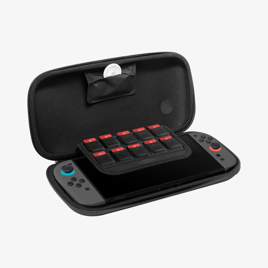 AGP10204 - Nintendo Switch 2 Klasden Pouch Renewed in Charcoal Gray showing the inner, with device and airtag inside
