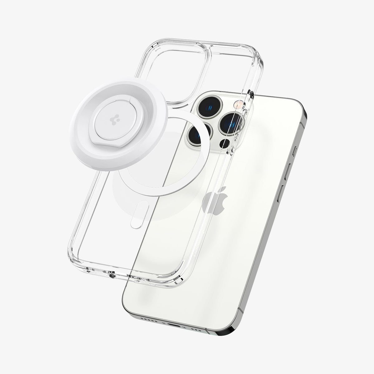 AMP05303 - O-Mag Magnetic Phone Holder (MagFit) in white showing the O-Mag ring, magsafe compatible case and device