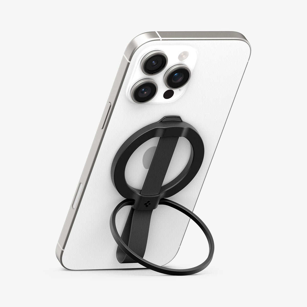 AMP08551 - O-Mag Magnetic Phone Holder (MagFit) | OM103 in Black showing the front, attached to the back of the device propped up as a kickstand